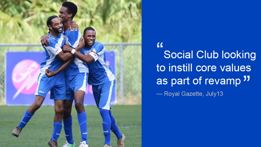Team effort: Jahmair Lewis -Trott celebrates with team-mates after putting Social club ahead against Flanagan&#039;s Onions at Goose Gosling Field in the First Division last season